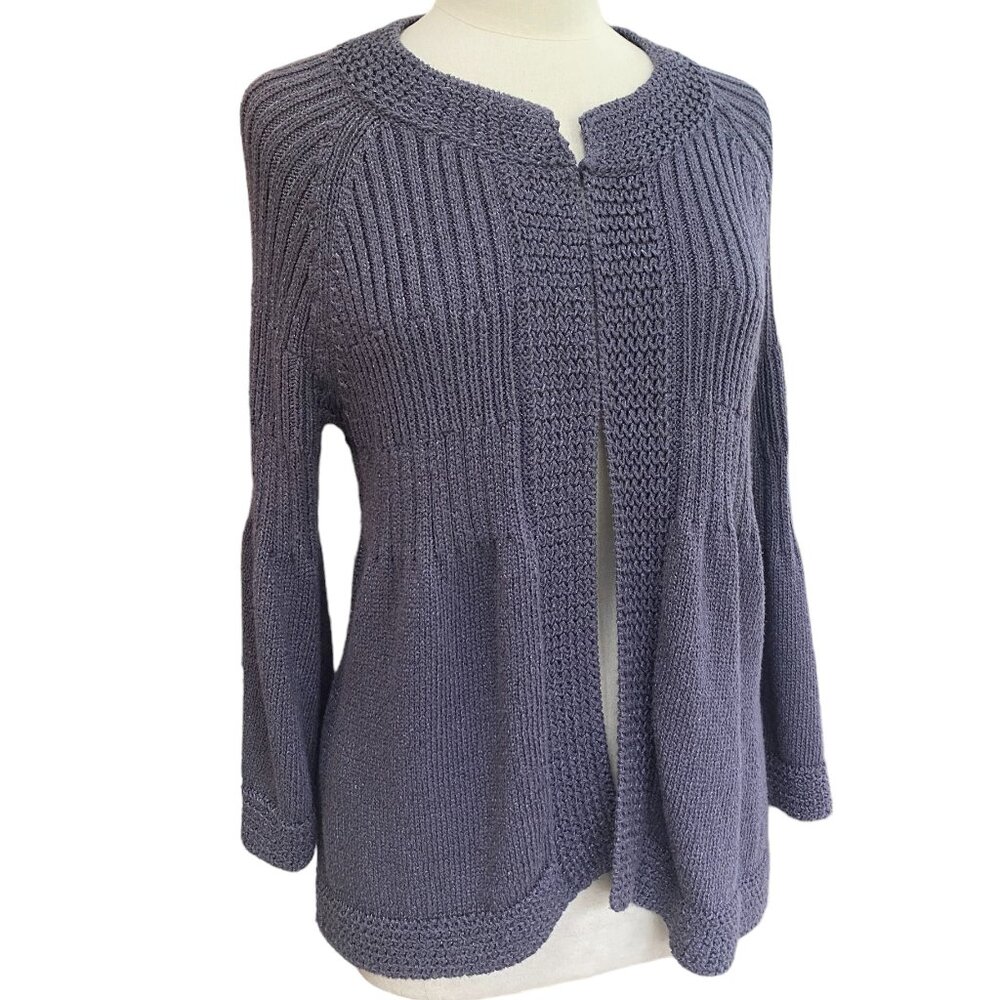 Chico’s Metallic Babydoll Bell Sleeve Open Sweater Coastal Dark Fairy Boho-L